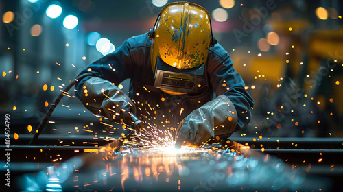 Workers in industrial uniform and welded iron mask in steel welding factories, industrial safety concept.