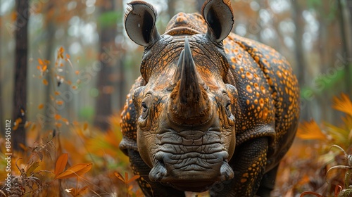   A close-up of a rhino in a field with trees in the distance and leaves in the foreground © Shanti