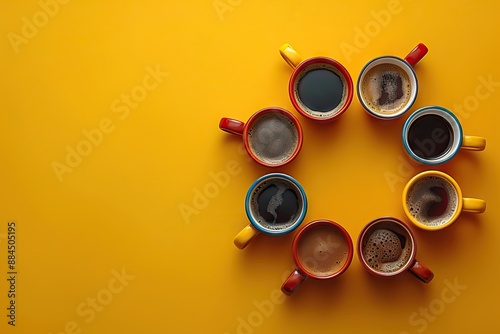 Colorful Coffee Cups on Yellow