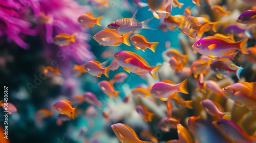 Fototapeta Naklejka Na Ścianę i Meble -  School of anthias fish swimming near a coral reef