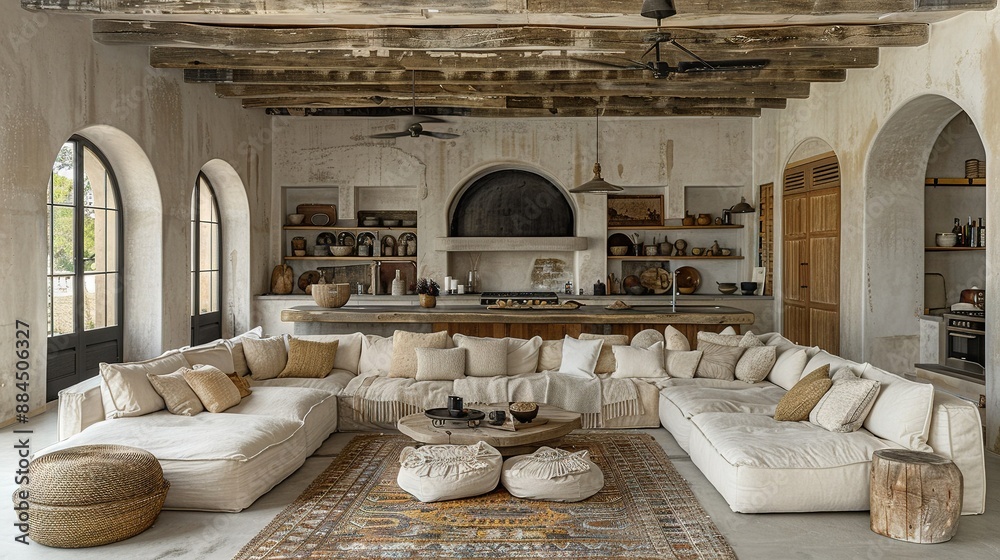 A spacious living room brimming with multiple pieces of furniture atop an expansive rug covering a second rug on the wooden floor A spacious living room brimming with multiple pieces of furniture atop an expansive rug covering a second rug on the wooden floor