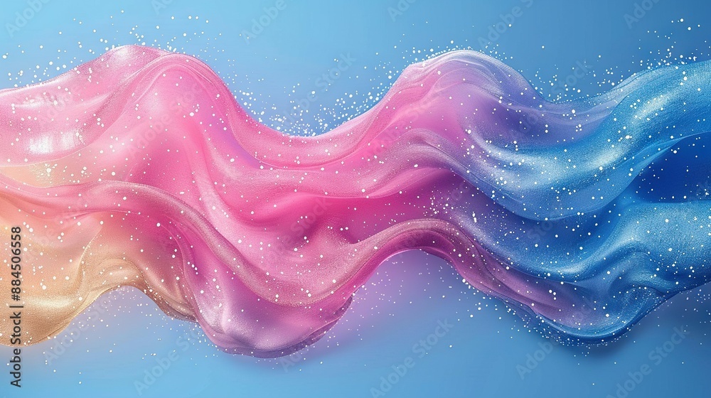 Blue, pink, yellow wave on light blue background with snowflakes in foreground Blue, pink, yellow wave on light blue background with snowflakes in foreground