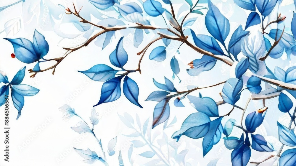 Intricate patterns of blue leaves on white background, ornament, wallpaper