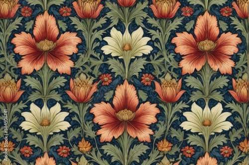 intricate patterns of leaves and flowers , in dark blue, red, green color on dark background, vintage floral background, wallpaper