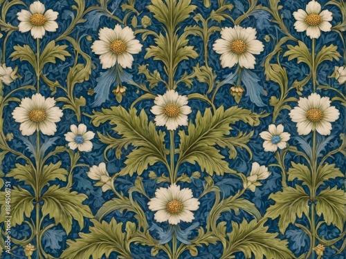 Intricate patterns of leaves and flowers with berries, blue, orange, green colors on dark background, vintage floral background, ornament, wallpaper, seamless wallpaper