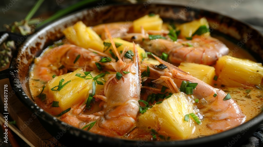 The national cuisine of Japan. Shrimp with pineapple in coconut sauce with curry. The national cuisine of Japan. Shrimp with pineapple in coconut sauce with curry.