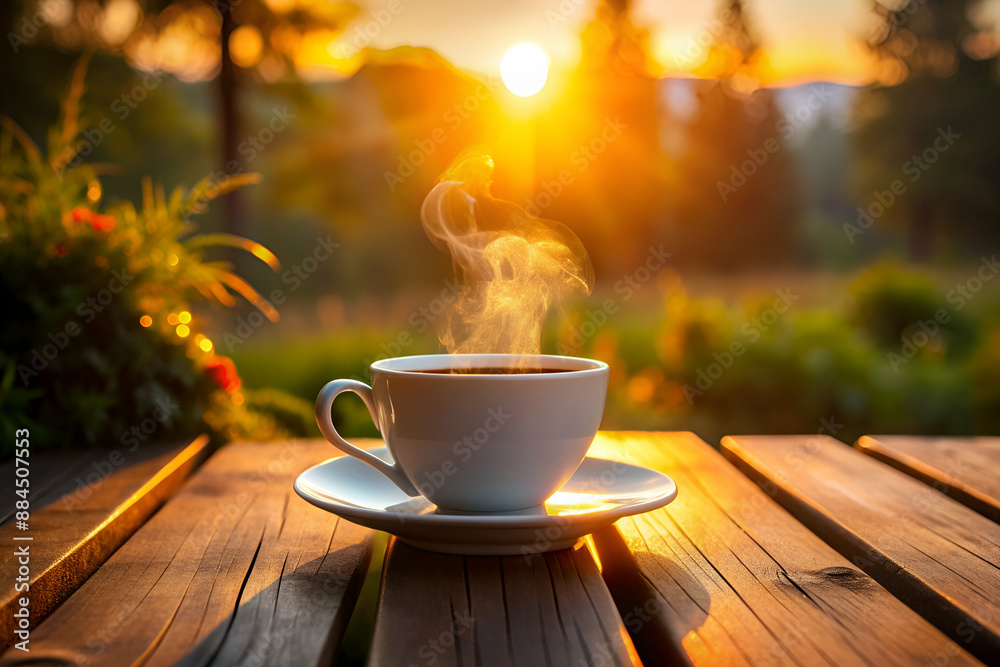 Obraz premium A white coffee cup with steam rising from it sits on a wooden table. The sun is setting in the background, casting a warm glow over the scene. Concept of relaxation and tranquility