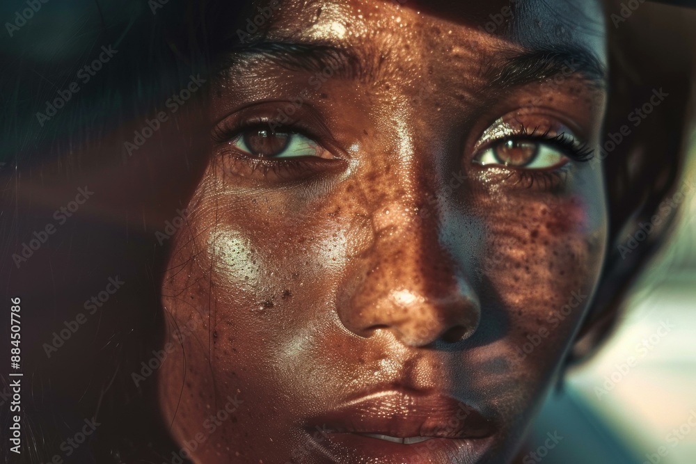 Radiant and ethereal sunkissed beauty, closeup portrait of a captivating young woman with freckles. Intense gaze. And natural facial expression. Creating an intense and vibrant glow Radiant and ethereal sunkissed beauty, closeup portrait of a captivating young woman with freckles. Intense gaze. And natural facial expression. Creating an intense and vibrant glow