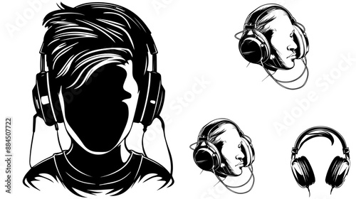 Set of joyful people wearing earphones and headphones, listening to music and dancing. Bundle of happy boys and girls using audio player isolated on white background. Flat cartoon vector illustration.