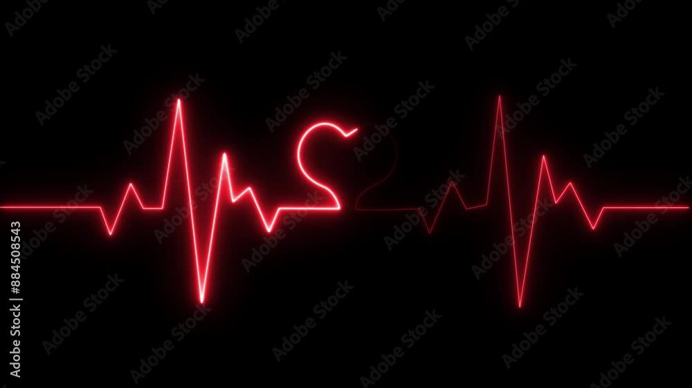 Neon Digital Heartbeat Plus Animation. Neon heartbeat on black isolated background.