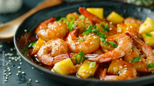 Shrimp with pineapple in teriyaki sauce.