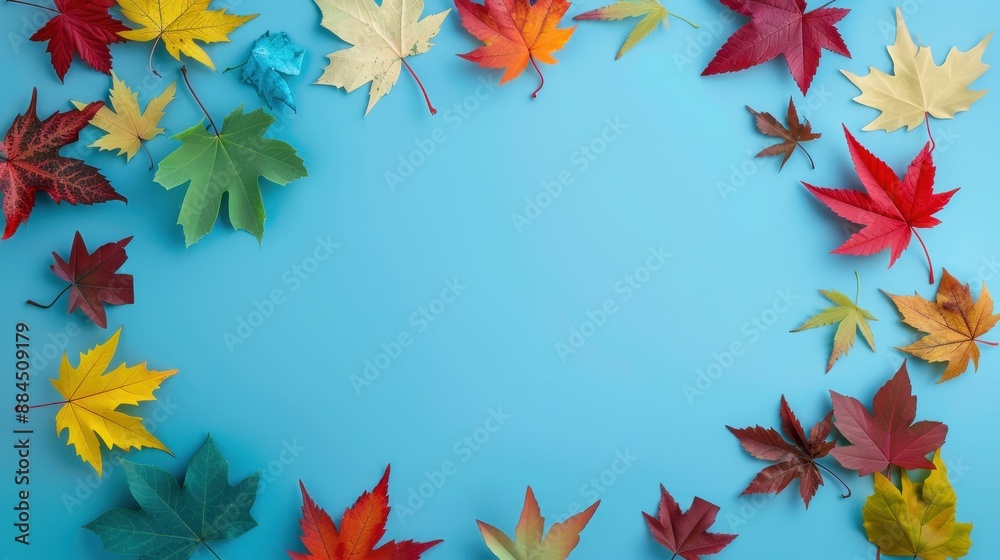 Colorful autumn leaves arranged in a circular frame on a bright blue background, perfect for seasonal or nature-themed designs. Colorful autumn leaves arranged in a circular frame on a bright blue background, perfect for seasonal or nature-themed designs.