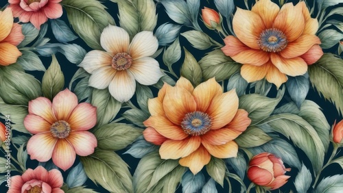 Wallpaper Mural Intricate patterns of leaves and flowers , blue, pink, green colors on dark background, vintage floral background, retro, ornament, wallpaper, seamless wallpaper Torontodigital.ca