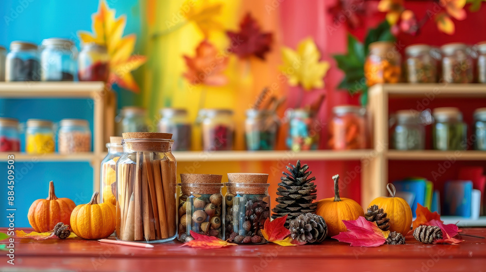 Cozy autumn scene with pumpkins, pine cones, and colorful jars on a shelf, perfect for a fall-themed project or background.