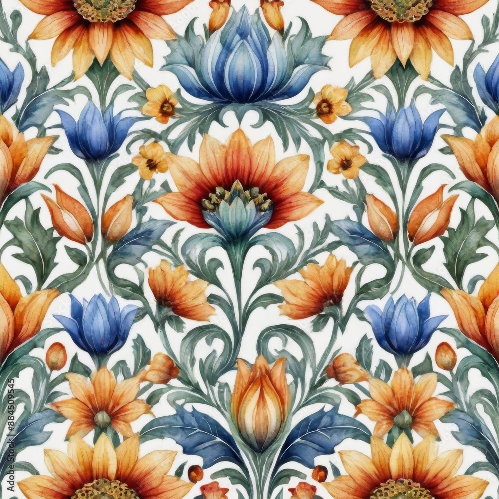 Intricate patterns of leaves and flowers , blue, orange, green colors on , white, vintage floral background, retro, ornament, wallpaper, seamless wallpaper Intricate patterns of leaves and flowers , blue, orange, green colors on , white, vintage floral background, retro, ornament, wallpaper, seamless wallpaper