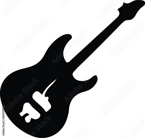 A hand holds an isolated electric guitar, a stringed musical instrument for rock and blues