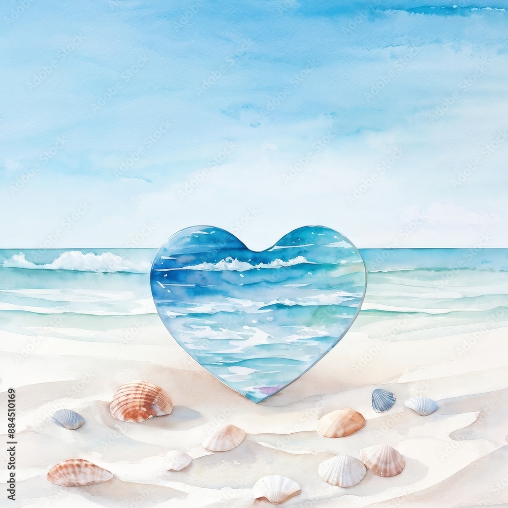 watercolor seascape with a heart among waves in light colors watercolor seascape with a heart among waves in light colors
