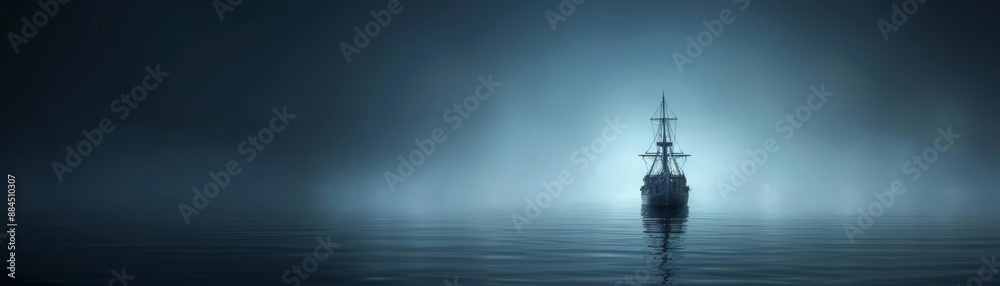 A ghost ship sailing through foggy waters under a dark sky A ghost ship sailing through foggy waters under a dark sky
