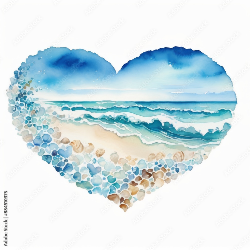 Watercolor heart on white background with seascape image
