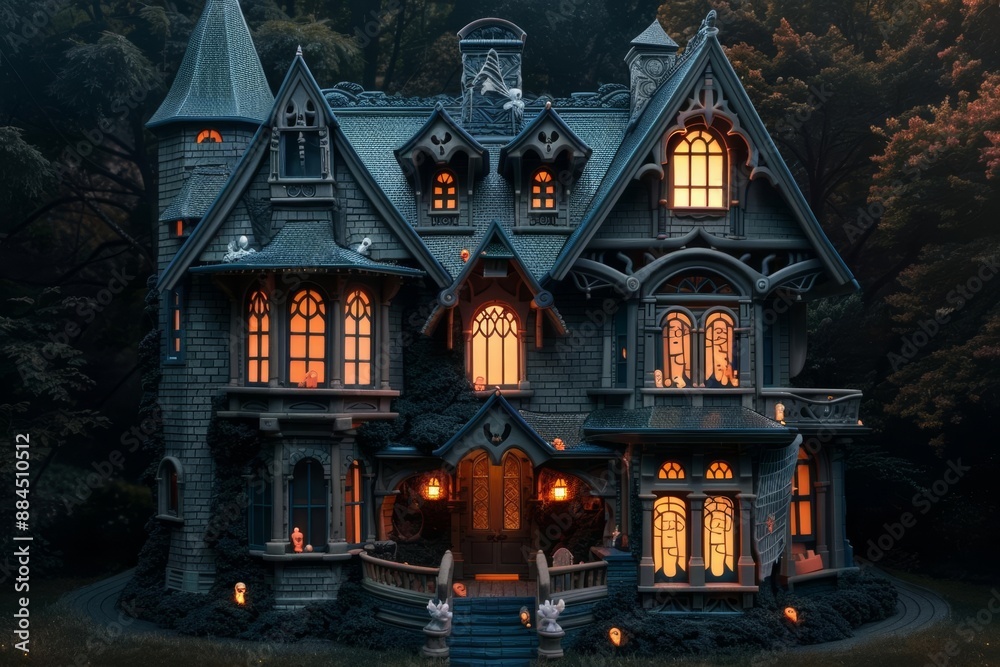 A creepy haunted house with glowing windows and eerie decorations A creepy haunted house with glowing windows and eerie decorations