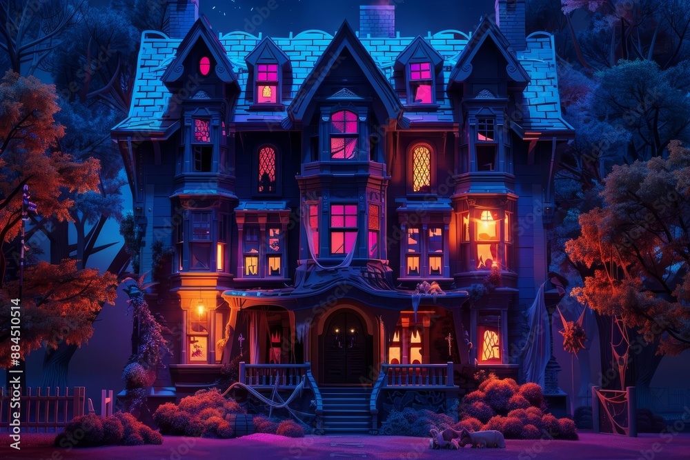 Fototapeta premium A creepy haunted house with glowing windows and eerie decorations