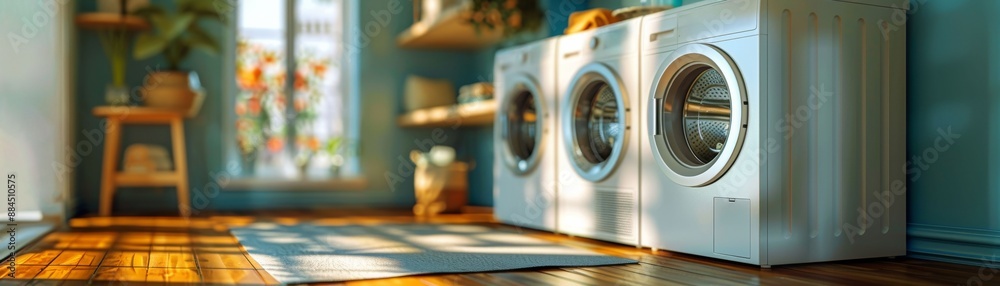 Smart Washer and Dryer Focus on a smart washer and dryer set, with a clean laundry room background, empty space right for text Smart Washer and Dryer Focus on a smart washer and dryer set, with a clean laundry room background, empty space right for text