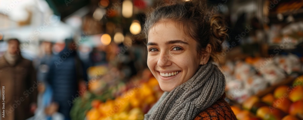 Thanksgiving Day Shopping Focus on people shopping for Thanksgiving, all smiling and looking at the camera, with a market background, empty space right for text., Thanksgiving Day Shopping Focus on people shopping for Thanksgiving, all smiling and looking at the camera, with a market background, empty space right for text.,