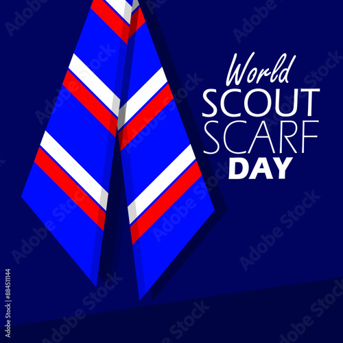 World Scout Scarf Day event banner. A scout scarf with bold text on dark blue background to celebrate on August 1st