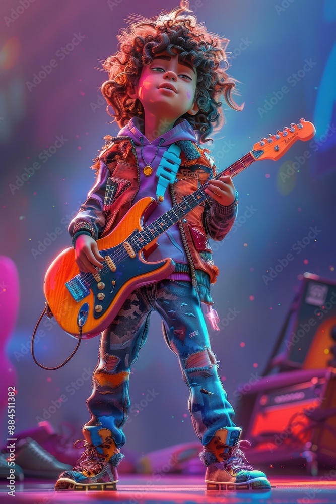Fototapeta premium A Young Guitarist Strums Under Neon Lights