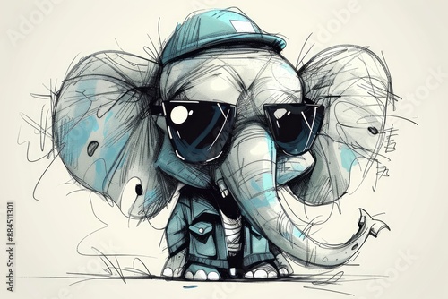  Simple sketch of an anthropomorphic elephant character with thick black lines, wearing a safari hat and vest, depicted 
