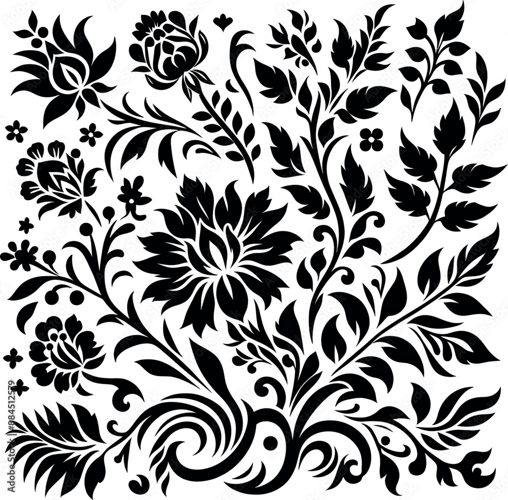 decorative Floral design Silhouette Motif Pattern, Flower design elements silhouette pattern black and white, decorative Botanical Flourish Silhouette pattern illustration decorative Floral design Silhouette Motif Pattern, Flower design elements silhouette pattern black and white, decorative Botanical Flourish Silhouette pattern illustration