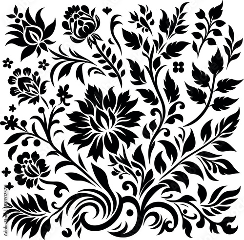 decorative Floral design Silhouette Motif Pattern, Flower design elements silhouette pattern black and white, decorative Botanical Flourish Silhouette pattern illustration