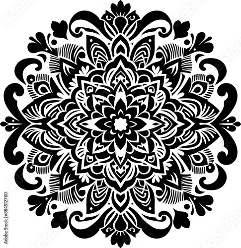 round geometrical shape decorative Floral design Silhouette Motif Pattern, round shape Flower design elements silhouette pattern black and white