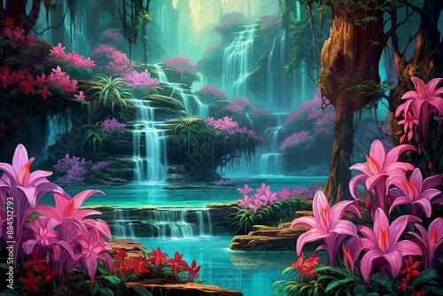 a painting of a waterfall in a tropical forest with pink flowers and trees around it and a stream of water