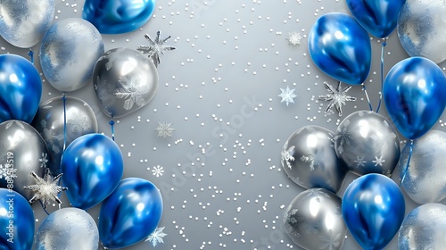 Winter sale banner with blue and silver balloons, snowflake border on light grey background. Space for holiday offers, new year promotions, or winter fest