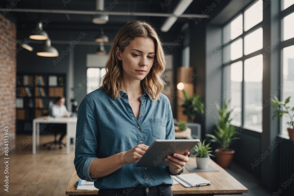 Fototapeta premium Young caucasian woman stands in a modern, casual business office. she is focused on her tablet, surrounded by the creative workspace ambiance.