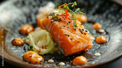 The national cuisine of Japan. Smoked salmon with kohlrabi and celery remoulade.  photo