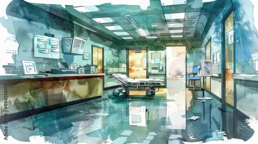 Empty hospital waiting room with a gurney and a reception desk. The room is painted in a calming blue and green color scheme. Empty hospital waiting room with a gurney and a reception desk. The room is painted in a calming blue and green color scheme.
