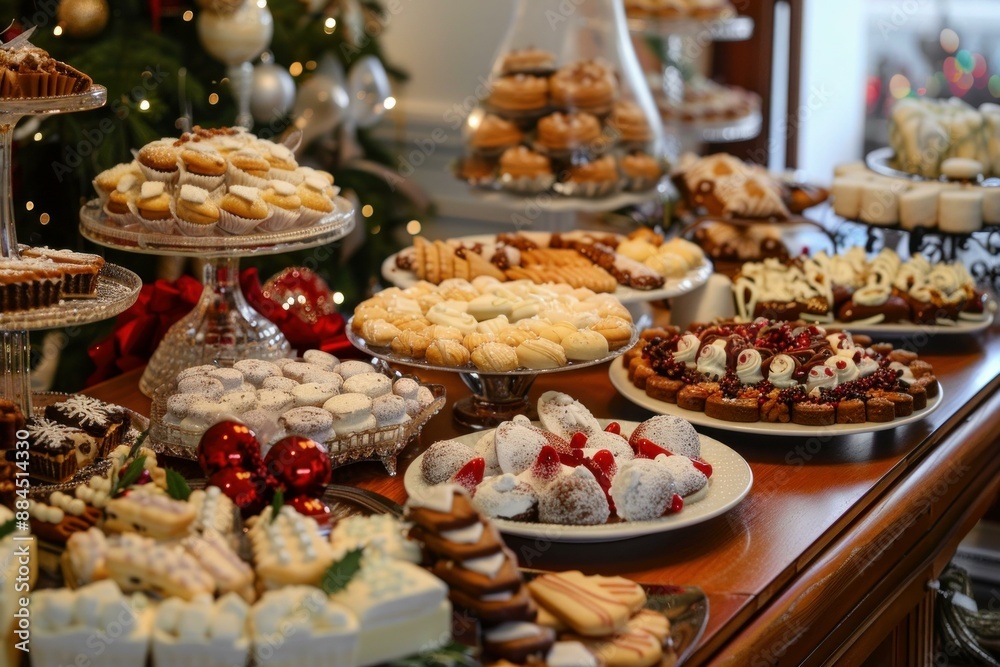 Luxurious and festive holiday dessert spread with a wide variety of homemade christmas sweets, treats, and pastries displayed in a beautifully decorated buffet table Luxurious and festive holiday dessert spread with a wide variety of homemade christmas sweets, treats, and pastries displayed in a beautifully decorated buffet table