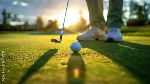 Golfer putting a ball on the green during sunset with lens flare effects creating a serene evening ambiance