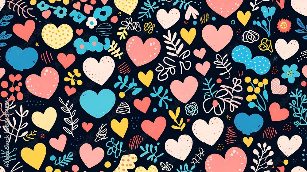 Cute and seamless love heart pattern illustration. Romantic colorful hearts background print. Valentine's day holiday background texture, romantic wedding design. watercolor, hand drawing, brush