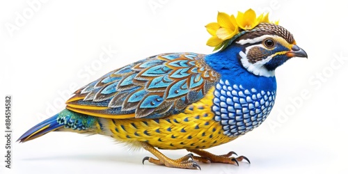 A Vibrant Blue and Yellow Bird with a Yellow Flower Crown, Digital Art, Bird with Flower Crown, Animal Art, Wildlife Art, Bird Illustration, Colorful Bird photo