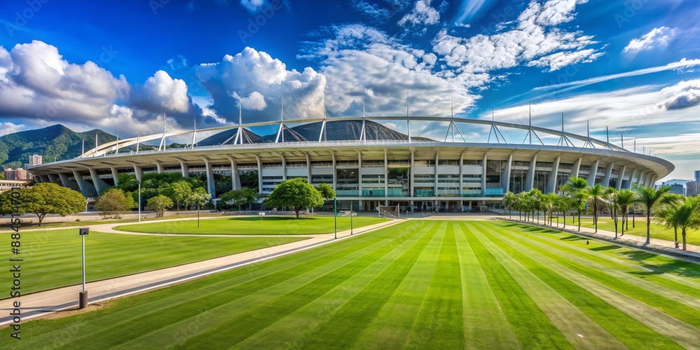 A Wide Shot of the Modern Stadium, Featuring a Lush Green Lawn and Blue Sky, Stadium, Soccer Field, Sports Arena, Architecture A Wide Shot of the Modern Stadium, Featuring a Lush Green Lawn and Blue Sky, Stadium, Soccer Field, Sports Arena, Architecture