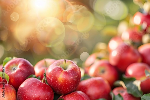 Close-up of red apples in a field with sun glare. © Montree