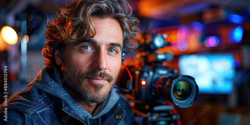 Portrait of a young man with glasses, surrounded by camera equipment, in a creative studio. Portrait of a young man with glasses, surrounded by camera equipment, in a creative studio.