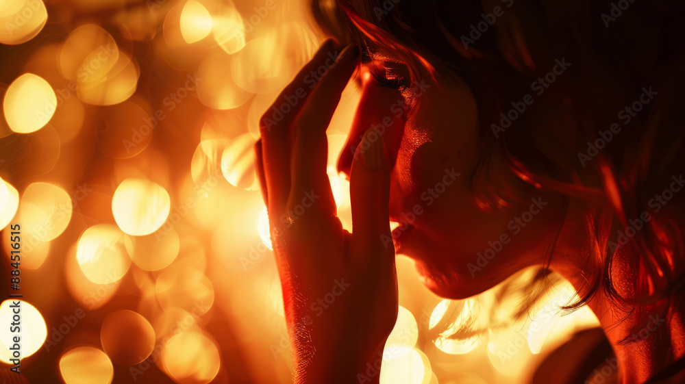 artistic image of a 35-year-old woman, viewed in profile, her hand is covering her eyes as if she does not want to see something shameful,generative ai artistic image of a 35-year-old woman, viewed in profile, her hand is covering her eyes as if she does not want to see something shameful,generative ai