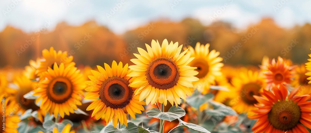Close-up of vibrant sunflowers blooming in a field during autumn. Close-up of vibrant sunflowers blooming in a field during autumn.