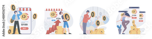 Cryptocurrency marketplace concept with people scenes set in flat web design. Collection of character situation with investing money in crypto cons, sell and buy with strategy. Vector illustrations.