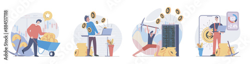 Cryptocurrency mining concept with people scenes set in flat web design. Collection of character situation with crypto miners getting coins, working with data at bitcoin farm. Vector illustrations.