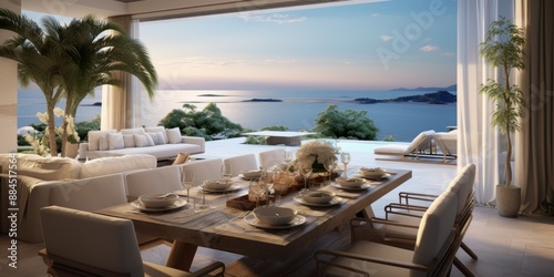 A large dining table with white chairs and a view of the ocean